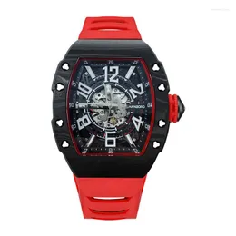 Zegarek zegarki Hanboro Mens Automatyczne zegarki luksusowe zegarek mechaniczny na rękę 50 m wodoodporny szkielet z włókna węglowego tonneau guma
