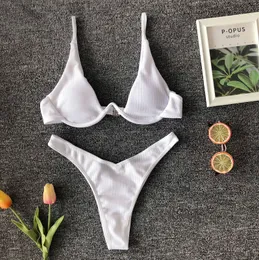 Kvinnors badkläder Sexig VBar Underwired Bikini Kvinnliga baddräkt Kvinnor Twopiece V Formtråd Set Bather Bathing Swim 230325