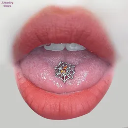 Nose Rings Studs 1Pc Gothic Spider Web Steel Tongue Piercing Stud Men Cool Punk Rock Barbell Body Jewelry 230325