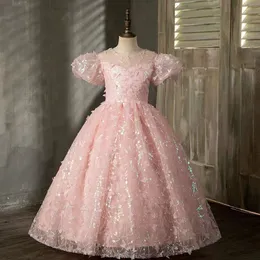 Luxurys Pink Flower Girls Dresses Ball Gown Princess Squinded Dress2023 Birthday Party Girls Pageant Gowns Lace Applique First Oncion Princess Dress