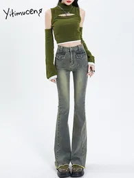 Jeans feminino yitimuceng jeans de cintura alta para mulheres moda jeans desleixado Vintage Streetwear Stretch Slim Flare Pants