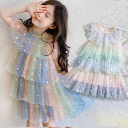 Girl's Dresses 2022 Girls New Children's Clothing Fashion Rainbow Color Cake Tutu kjol Säkad pentagram Y2303