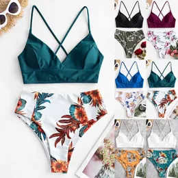 Women's Swimwear Two Piece Swimsuit Women Flower Print Split Sets Plus Size Beachwear Bikini s For Teen Girls Sport Bachwear 230325