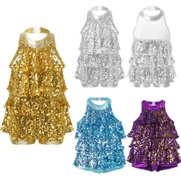 Vestidos de niña Niños Niñas Jazz moderno Trajes de baile latino Halter Lentejuelas brillantes Ballet Shorty Unitard Dress Stage wear Y2303