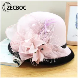 Stingy Brim Hats Fedora Womens Elegant Vintage Wool Felt Ladies Autumn Winter Dome Wedding Church Jazz Top With Floral Female Bowler 230325