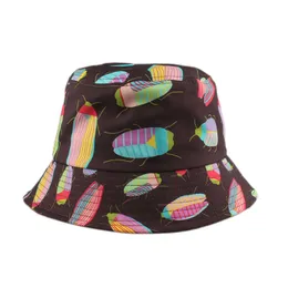 넓은 챙 모자 파나마 버킷 모자 남녀 여름 어부 모자 만화 곤충 힙합 캡 빈티지 인쇄 낚시 모자 p230311
