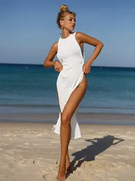 Women's Swimwear Solid Ribbed Beach Dress Swimsuit Sexy Cut Out Knot Side Split Thigh White Cover-ups Kimono Women Bikini Beachwear 220325