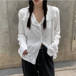 Damenblusen Hemden HOUZHOU Weiße Frauen Elegantes Hemd Weibliche Ästhetik Y2k Harajuku Plissee Chic Langarm Top Damen Lose Koreanische Vintage 230325