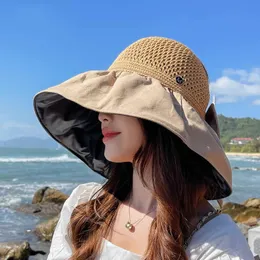 Cappelli a tesa larga Secchiello Primavera Estate Donna Protezione solare con bowknot Visiera di protezione UV da spiaggia all'aperto per berretto Panama di paglia femminile 230325