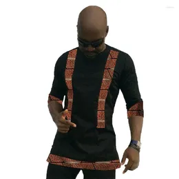 Men's Casual Shirts African Fashion Black Men's Patchwork Shirt O Neck Dashiki Print Three Quarter Sleeves Tops Nigerian Style Male