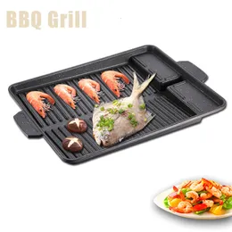 BBQ Grills Korean BBQ Grill Pan Non-stick Portable Charcoal Grill Plate BBQ Tray for Home Kitchen Outdoor Camping Picnic Bakeware 230324
