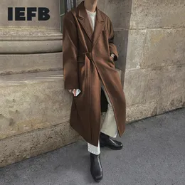 Men's Wool Blends IEFB Woolen And Mixtures Coat Autumn Winter Mid Long Thickened Korean Trend Loose Overcoat Male Bandage Waist 230325