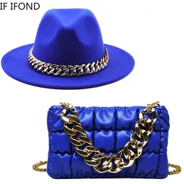 Kapelusz skąpego czapki na kobiety jesień zimowa impreza jazzowa fedora z modną luksusową torbą akcesoriów o dużym łańcuchu Twopece Set 230325