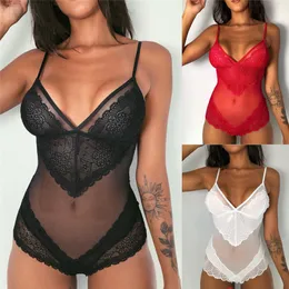 Mulheres Macacões Macacões Moda Mulheres Lace Bodysuit Malha Babydoll Vneck Strap Ver Através Macacão Teddy Lingerie Roupa Interior 230324