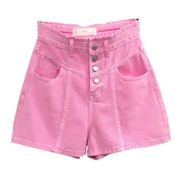 Kvinnors shorts sommar kvinnor rosa denim shorts mode damer knappar hög midja