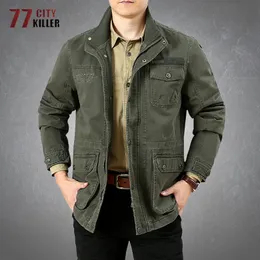 Mäns jackor Spring Autumn Men's Military Cargo Jackets Casual 100% Cotton Multi-Pocket Stand Collar Loose Mid-Längd Coats Male Big Size 6xl 230325