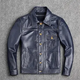 Men's Leather Faux Blue Cowboy Jacket Genuine Quality Cowhide Short Coat Slim Lapel Work Clothes Natural Calf Skin Jackets 230324