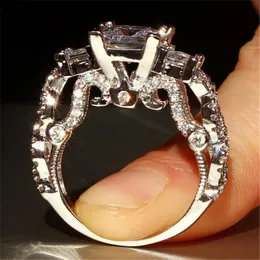 Luksusowy 2ct Princess Cut Square Store Pierścień 925 Srebrny Srebrny zaręczyny Wedding Bride Jewelry Trzy boczne kamienne pierścienie dla kobiet