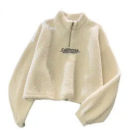 Kvinnors hoodies tröjor kashmir kort hög krage Kvinnor tjockare Löst koreansk Autumn -dragkedja med Embroider California Letters Sweatshirt Femme 230325