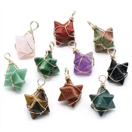 스타 천연 크리스탈 스톤 펜던트 와이어 랩 매력 6 포인트 스타 흑요석 루비 Zoisite Amethysts Pink Quartz Pendulum