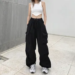 Women's Pants Capris Y2K Women Cargo Pants Vintage Streetwear Baggy Wide Leg Sweatpants Casual Drawstring Pocket Tech Joggers Trousers Men Pantalon 230325