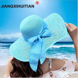 Chapéus de aba larga balde Jiangxihuitian Summer Womens Beach Caps Caps Dobrável Chiffon Sun Sun Casual Ladies Sombreros Bowknot Hat 230325