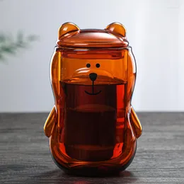 Weingläser Bär Becher 300ML Doppel Tasse Persönlichkeit Kaffee Mit Deckel Transparent Glas Niedlichen Cartoon Bernstein