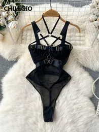 Tute da donna Rompers Chillgio Donne Bodysuits Lingerie Sexy Sleep abbigliamento Combinazione Hollow Catsuits Slim intimo Mesh Strappy Rompers 230325