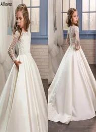 Ivory Satin A Line Flower Girl Dresses For Wedding Appliqued Lace Long Sleeves Jewel Neck Kids Todder Formal Party Birthday Gowns 8709893