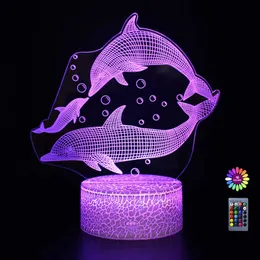 Nattljus 3D LED Dolphin Night Light 7/16 Färgförändring Touch/Remote Control Fashion Cool Acrylic Table Lamp Home Decoration for Kids Gift P230325