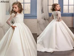 Ivory Satin A Line Flower Girl Dresses For Wedding Appliqued Lace Long Sleeves Jewel Neck Kids Todder Formal Party Birthday Gowns 2213899
