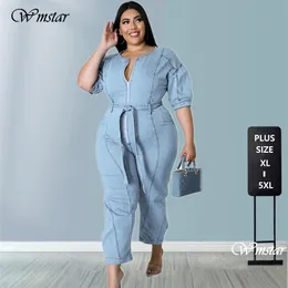 Women's Plus Size Jumpsuits Rompers Wmstar Jumpsuit Women Denim Zipper Up Sashes Pockets Trousers Stretch Straight Bodysuit Wholesale Drop 230325