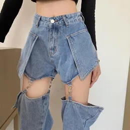 Женские джинсы джинсы Женские прямые слабые высокие талию стройные брюки весеннее тонкие съемные шорты Harajuku Kpop S615 230325