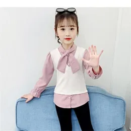 Pullover Girls T-shirt Spring Autumn Plaid Spliced ​​Tops Casual Style School Child Clothes för 6 8 10 12 år