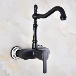 Bathroom Sink Faucets Single Handle Double Hole Wall Mount Basin Faucet Black Oil Rubbed Brass 360 Swivel Kitchen Mixer Tap Dnf841