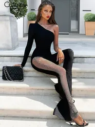 Women's Jumpsuits Rompers Cute Sexy Mesh Patchwork One Shoulder Playsuits Women Elegant Solid Skinny Flare Pants Jumpsuit Fashion Lady Party Streetwear 230325