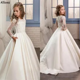 Ivory Satin A Line Flower Girl Dresses For Wedding Appliqued Lace Long Sleeves Jewel Neck Kids Todder Formal Party Birthday Gowns 8560393