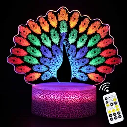 Nattljus 3D Vision Night Lights Peacock RGB LED Color Changing Touch Remote Control Creative Gift Table Lamp Home Bedroom Decoration P230325