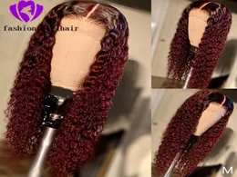 180 OMBRE RED BURGUNDY COLOR LACE FRONT WIG KINKY CURLY 시뮬레이션 흑인 여성을위한 인간 머리 가발 사전 플러크 합성 머리 가발 5911801