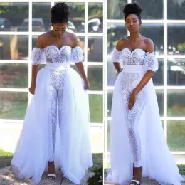 2023 Gorgeous Jumpsuit Wedding Dresses Bridal Gown Lace Applique Short Sleeves Overskirt Sweep Train Plus Size Custom Made Garden Beach Vestido De Novia 401 401