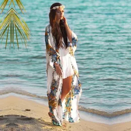 Kvinnors badkläder Beach Cover Up Tunics för tryck Chiffon Long Kaftan Bikini Robe de Plage Sarong Wrap Swimsuit Coverup #Q608Women's