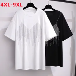 Kvinnors plus -storlek tshirt sommar plus size toppar för kvinnor stor storlek kort ärm bomull svartvita diamanter tshirt 4xl 5xl 6xl 7xl 8xl 9xl 230325