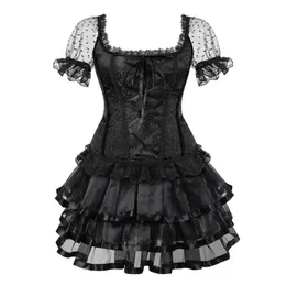 Bustini Corsetti Abito corsetto da donna Taglie forti Gonna vittoriana con maniche a sbuffo in pizzo Set Cerniera posteriore Top con maniche Costumi neri 6XLBustini