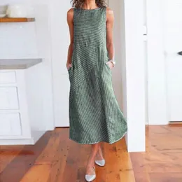 Casual Dresses 2023 Women Maxi Dress Fashion Elegant Striped Print Sleeveless O Neck Linen Pocket Long