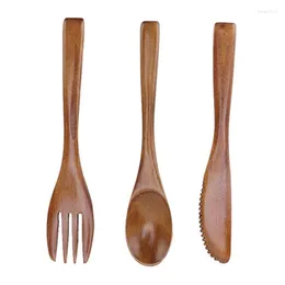 Dinnerware Sets 3 Pcs Wooden Knife Fork Spoon Set Reusable Straight Handle Phoebe Dinner Utensil Kit For Home Use