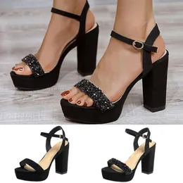 Summer Heels Sandals Women High 269 Solid Color Fish Mouth Open Toe Platform Buckle Strap Square Heel Fashion Part 86