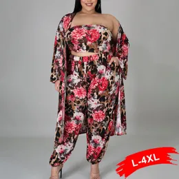 Tracksuits Plus Size Women Clothing Flower Print 3 Piece Set Croped Vest Pants Casual Female Long Cardigans Dashiki African Outfits