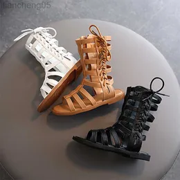 Sandals 2021 Summer Shoes Girls Gladiator Sandals Boots Cross-tipt for Baby Kids Nasual Shoes Roma Lace Up High Top Sandalias Botas W0327