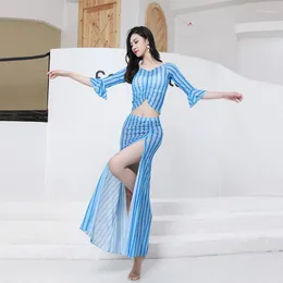 Stage Wear Oriental Dance Belly Autumn and Winter 2023 Training Suit Set Mesh Breattable Stripe Estetisk lång klänning