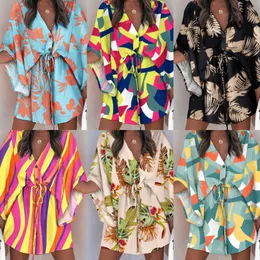 2023 damskie sukienki na co dzień letnie latające rękawy dekolt w serek zasznurować letnia sukienka z nadrukiem spódnica na plażę Plus rozmiar 3xl